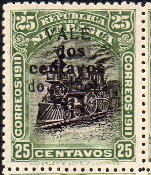 Nicaragua stamps 1913 surcharges Locomotive 2c/25c error 'do' for 'de' 